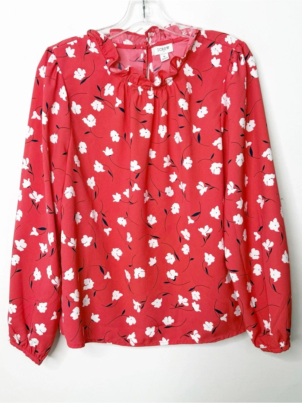 J. CREW | Red and White Floral Print Ruffle Detail Blouse Top Sz. Medium Preppy